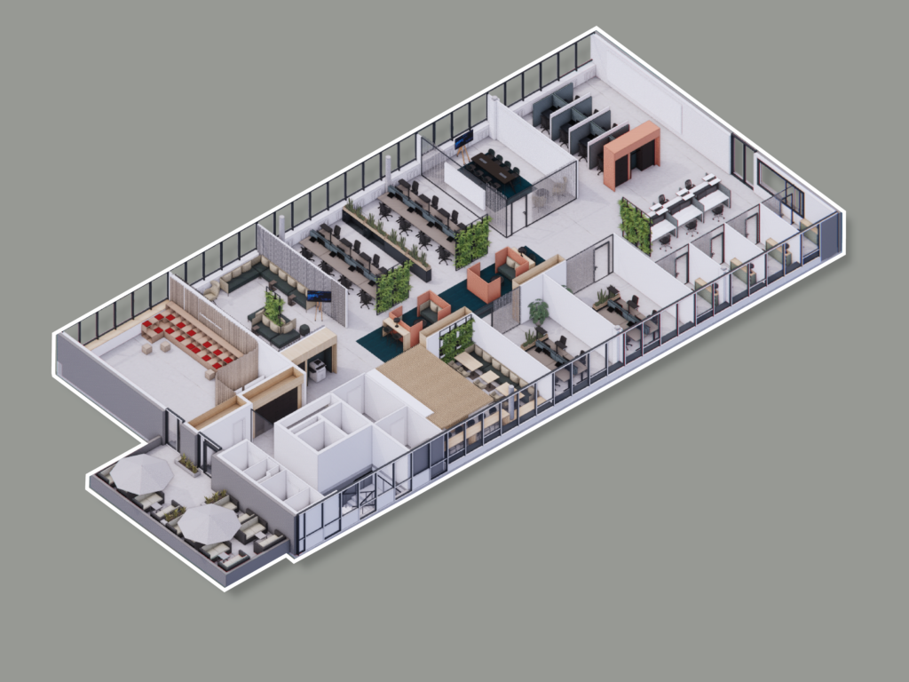 Isometrische Ansicht einer Bürofläche mit diversen Raumtypologien, entsprechend der Bezeichnung Multispace