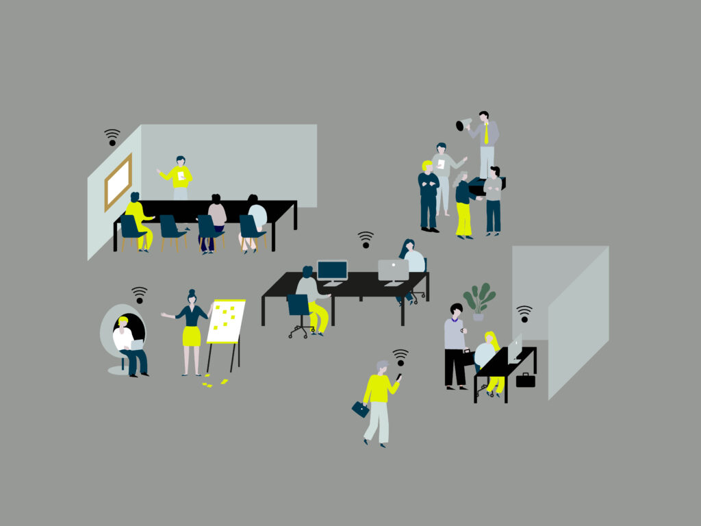 Illustration einer Teamsituation mit einer Flipchart-Präsentation, Diskussionen und einem Rückzugsbereich für Einzelarbeit.